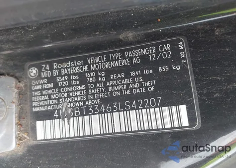 2003 BMW Z4 2.5I from USA, damaged, VIN 4USBT33463LS42207